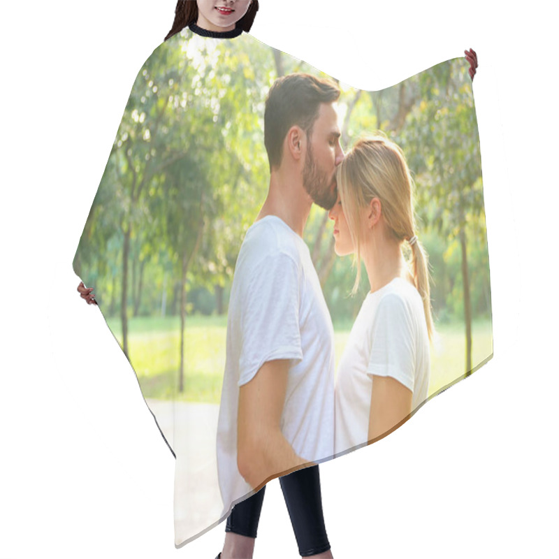 Personality  Portrait Bright Couple Romance In The Park. Hair Cutting Cape