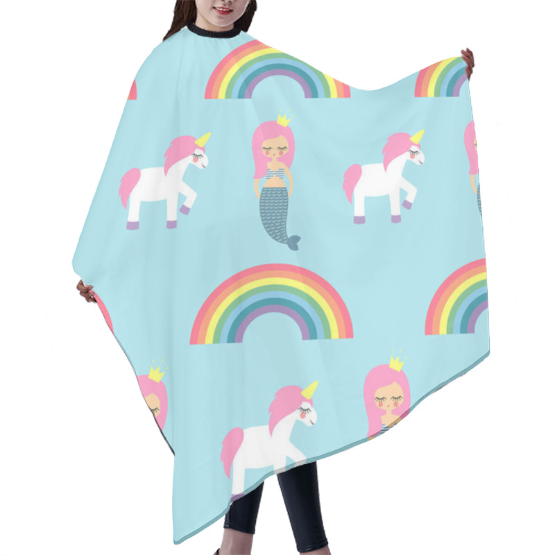 Personality  Seamless Pattern With Mermaids, Unicorns And Rainbows On Blue Background. Hair Cutting Cape