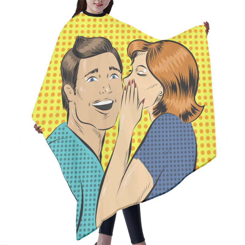 Personality  Vector Illustration In Pop Art Style Woman Whisper To A Man Hair Cutting Cape