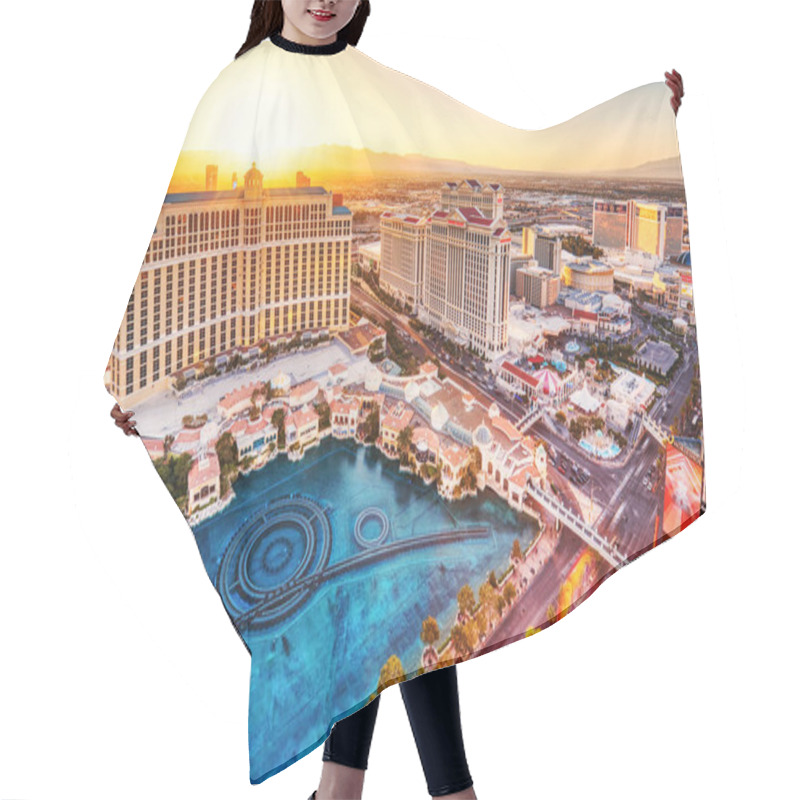 Personality  LAS VEGAS, USA - APRIL 20: Strip Aerial View At Sunset With Famous Bellagio Hotel On April 20, 2023 In Las Vegas, USA. Las Vegas Is One Of The Top Tourist Destinations In The World    Hair Cutting Cape