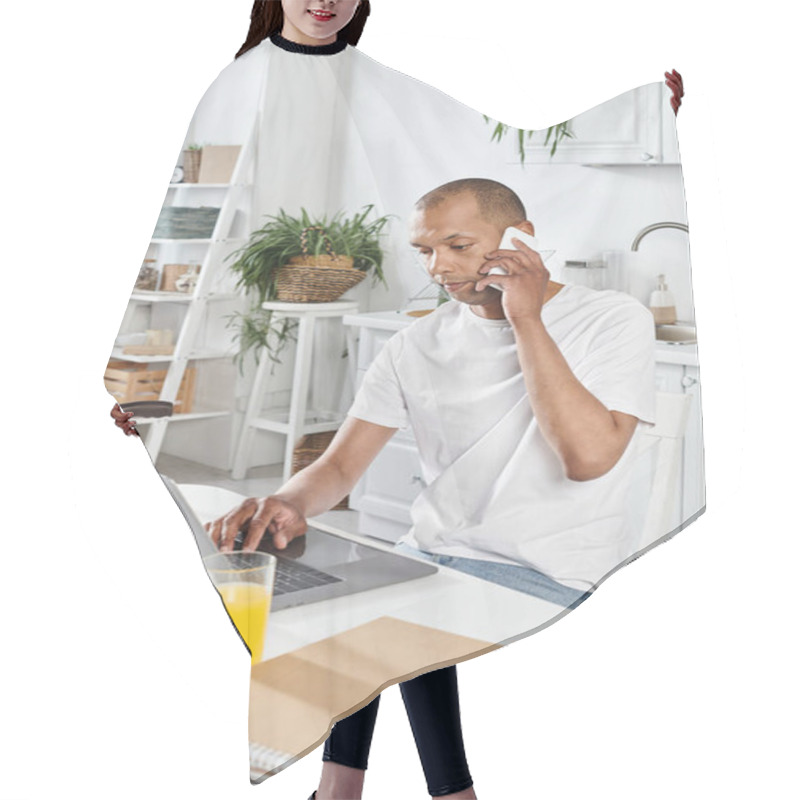 Personality  Disabled African American Man With Myasthenia Gravis Using A Laptop At A Kitchen Table. Hair Cutting Cape