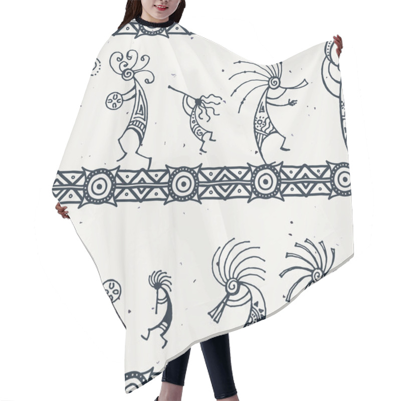 Personality  Hand Drawn Kokopelli Seamless Pattern. Stylized Mythical Characters Playing Flutes. Hair Cutting Cape