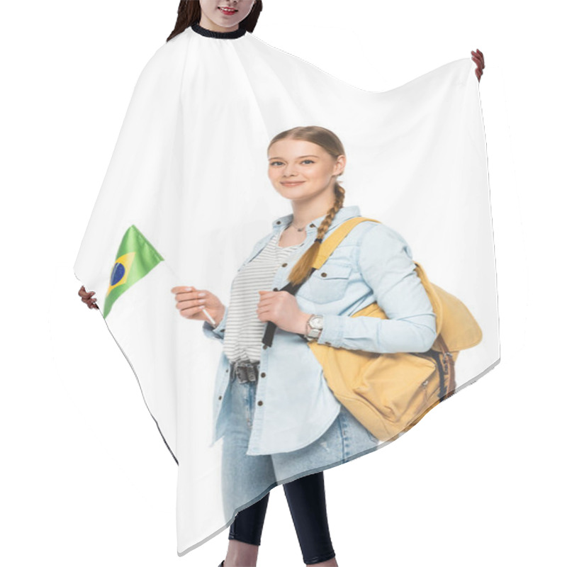 Personality  Smiling Pretty Student With Backpack Holding Flag Of Brazil Isolated On White Hair Cutting Cape