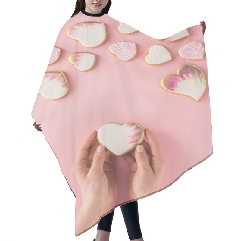 Personality  Partial View Of Woman Holding Glazed Cookie In Hands Isolated On Pink, St Valentines Day Concept Hair Cutting Cape