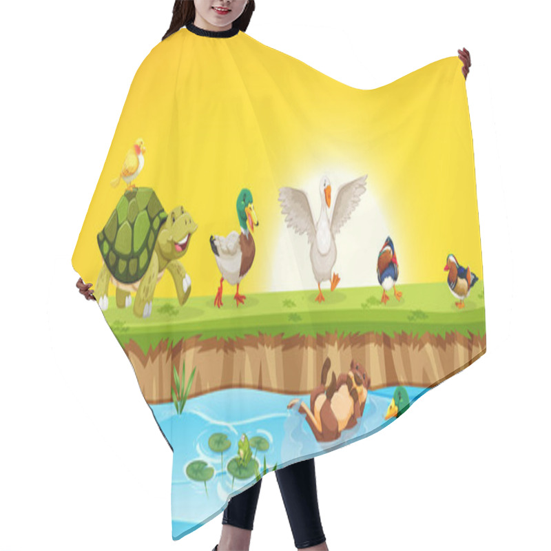 Personality  Different Animals In Pond Scene Illustration Hair Cutting Cape