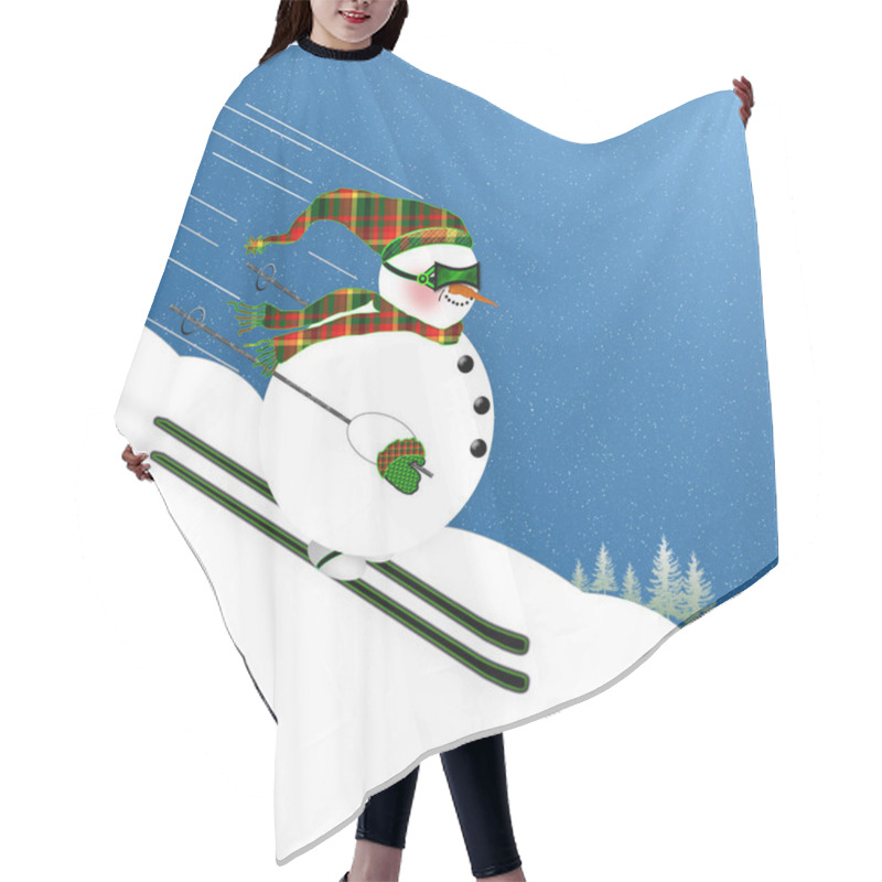 Personality  Fat Little Snowman Skiing At High Speed Down A Mountain Wearing Goggles And Matching Hat, Scarf And Gloves In Green, Red, Yellow Pattern.  Graphic Illustration Background Hair Cutting Cape