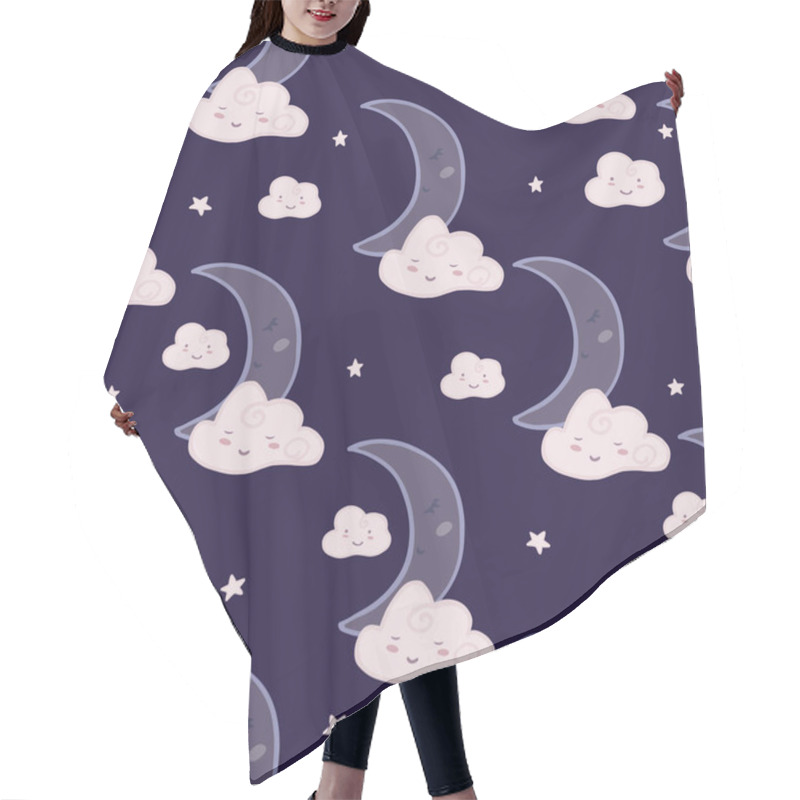 Personality  Seamless Pattern With Cute Sleeping Cloud Sky And Moon. Design For Baby Fabric, Textile Print, Wrapping Paper, Cover, Packing. Doodle Vector Illustration. Hair Cutting Cape