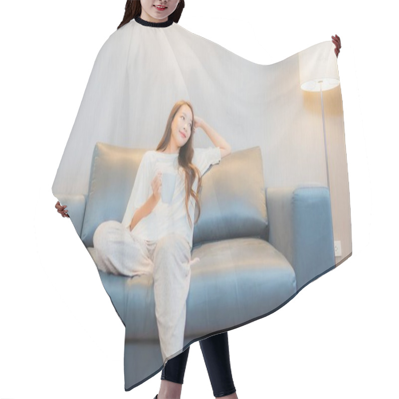 Personality  Portrait Beautiful Young Asian Woman Relax On Sofa In Living Room Interior Hair Cutting Cape