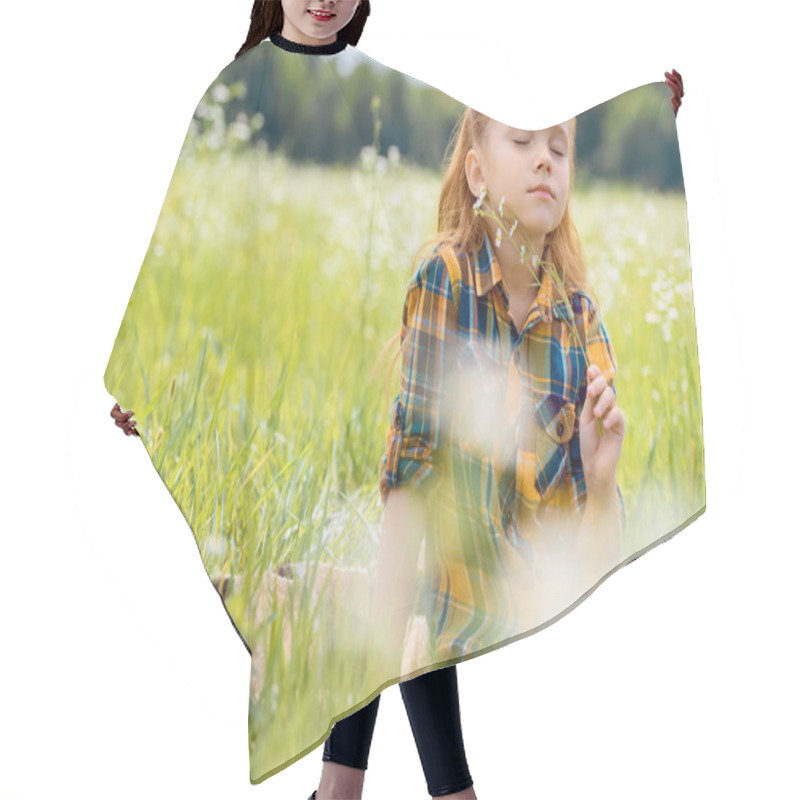 Personality  Portrait Of Kid With Eyes Closed And Wild Flowers In Hand Resting In Meadow Hair Cutting Cape