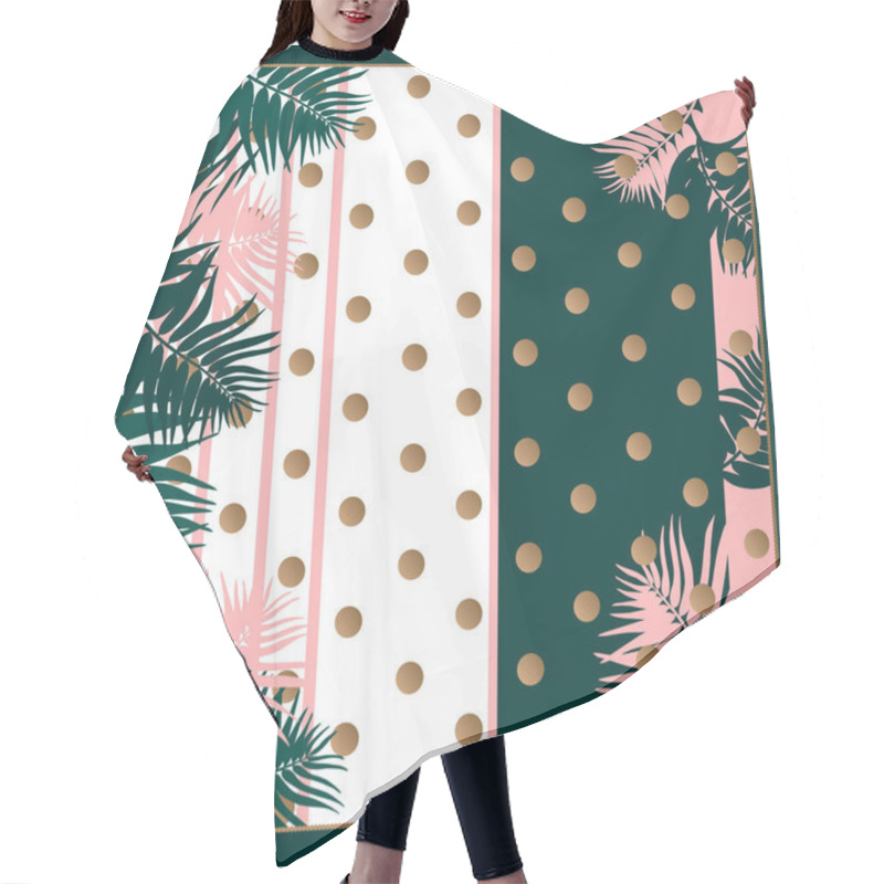 Personality  Silk Scarf With Palm Leaves On Dots And Stripe Background With. Tropical Illustration. Jungle Foliage. Hair Cutting Cape