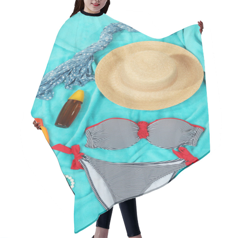 Personality  Swimsuit And Beach Items On Bright Blue Background Hair Cutting Cape