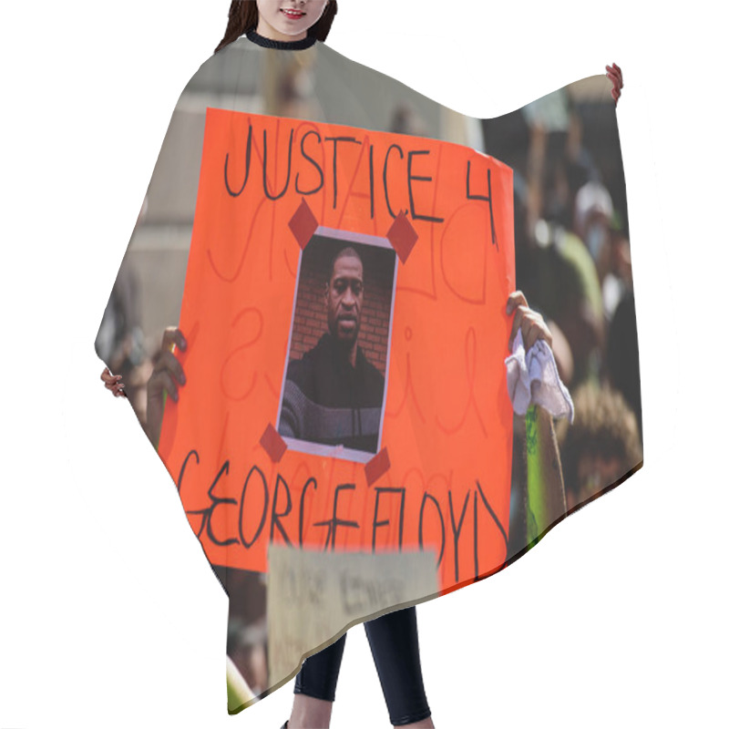 Personality  Miami Downtown, FL, USA - MAY 31, 2020: George Floyd Death: People Are Protesting And Rioting. Justice For George Floyd Poster. People Took To The Streets Against Cruelty. Hair Cutting Cape