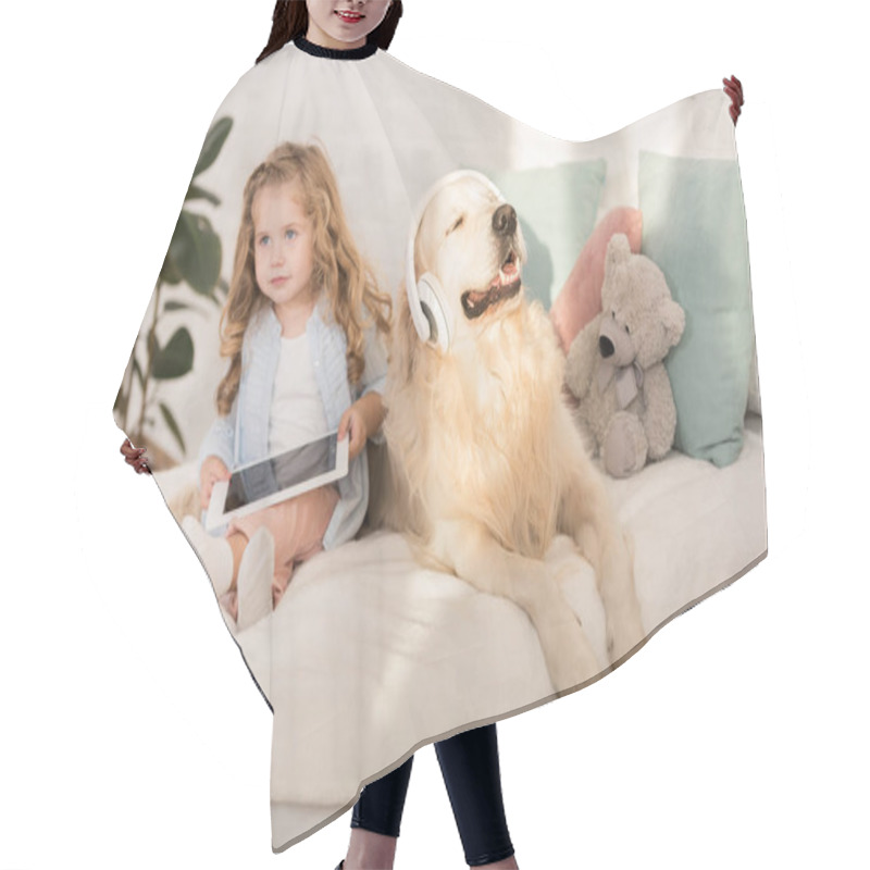 Personality  Adorable Kid Holding Tablet, Golden Retriever With Headphones Lying On Bed In Children Room Hair Cutting Cape