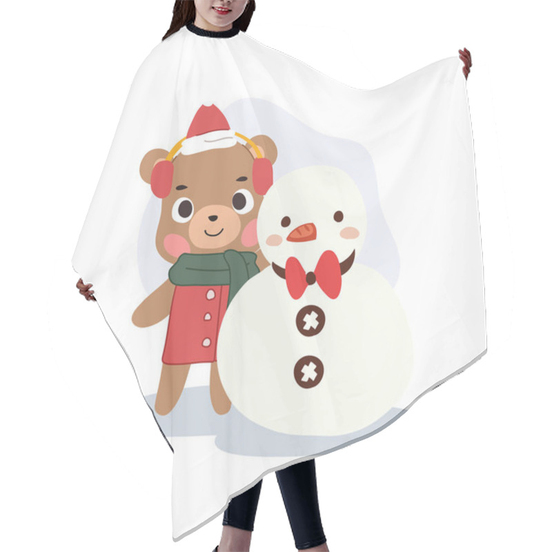 Personality  Cute Bear Cartoon With Snowman In Winter, Adorable Winter Characters And Snow Scene Hair Cutting Cape