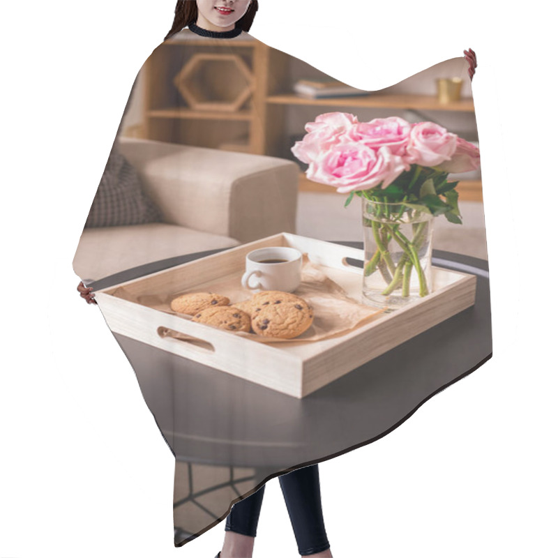 Personality  Square Wooden Box With Bunch Of Fresh Pink Roses In Glass, Cup Of Coffee And Cookies On Small Round Table In Home Environment Hair Cutting Cape