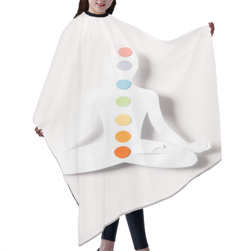 Personality  Top View Of Paper Figure In Form Of Person With Chakras In Lotus Pose On White Hair Cutting Cape