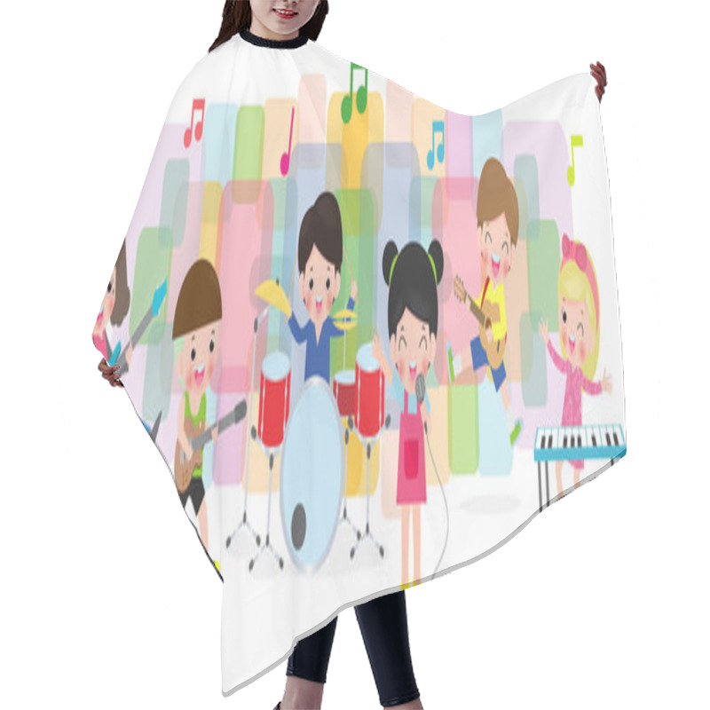 Personality  Group Of Children Playing Musical Instruments, Cartoon Dancing Kids, Cute Child Musician Various Actions Playing Music. Play Music Concept Illustrator Vector Hair Cutting Cape