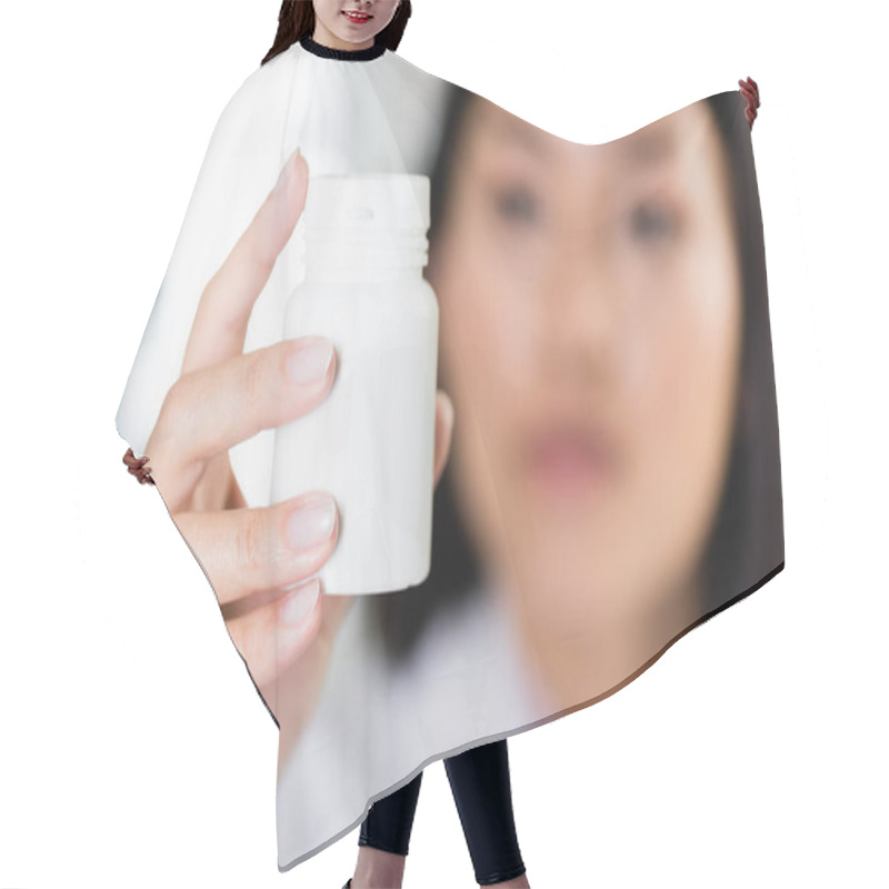 Personality  Bottle With Pills In Hand Of Asian Pharmacist On Blurred Background Hair Cutting Cape