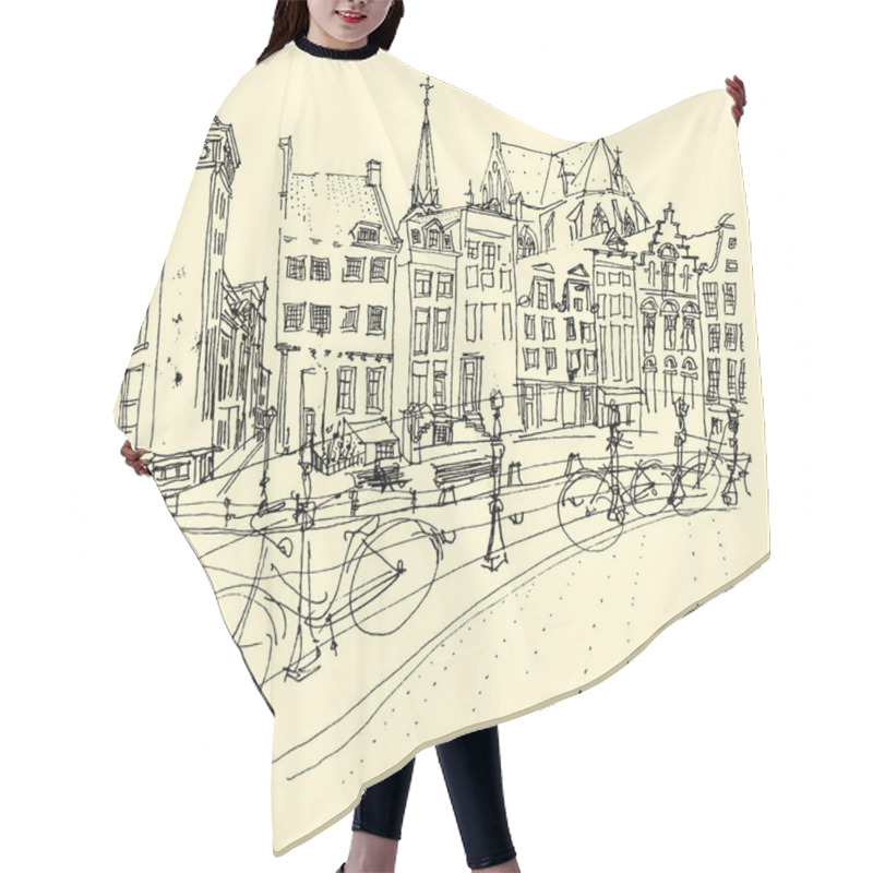 Personality  Bridge In Amsterdam, Holland, Netherlands Europe. Dutch Traditional Historical Buildings. Typical Dutch Houses And Bicycles. Hand Drawing. Travel Sketch. Book Illustration, Postcard, Poster In Vector Hair Cutting Cape