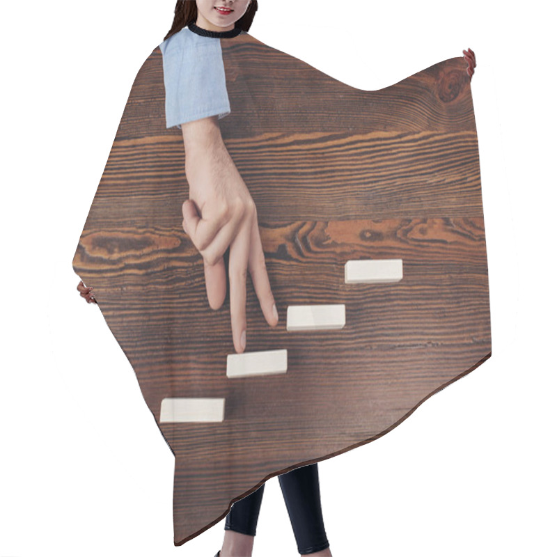 Personality  Cropped View Of Man Walking With Fingers On Wooden Blocks Symbolizing Career Ladder  Hair Cutting Cape