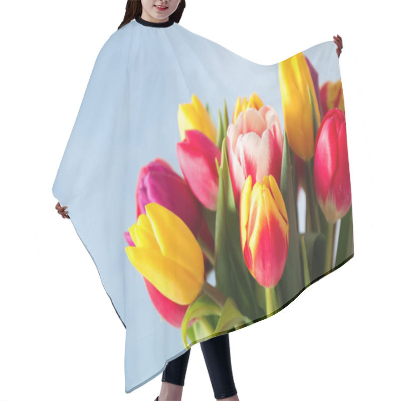 Personality  Beautiful Spring Tulips On Light Blue Background, Closeup Hair Cutting Cape