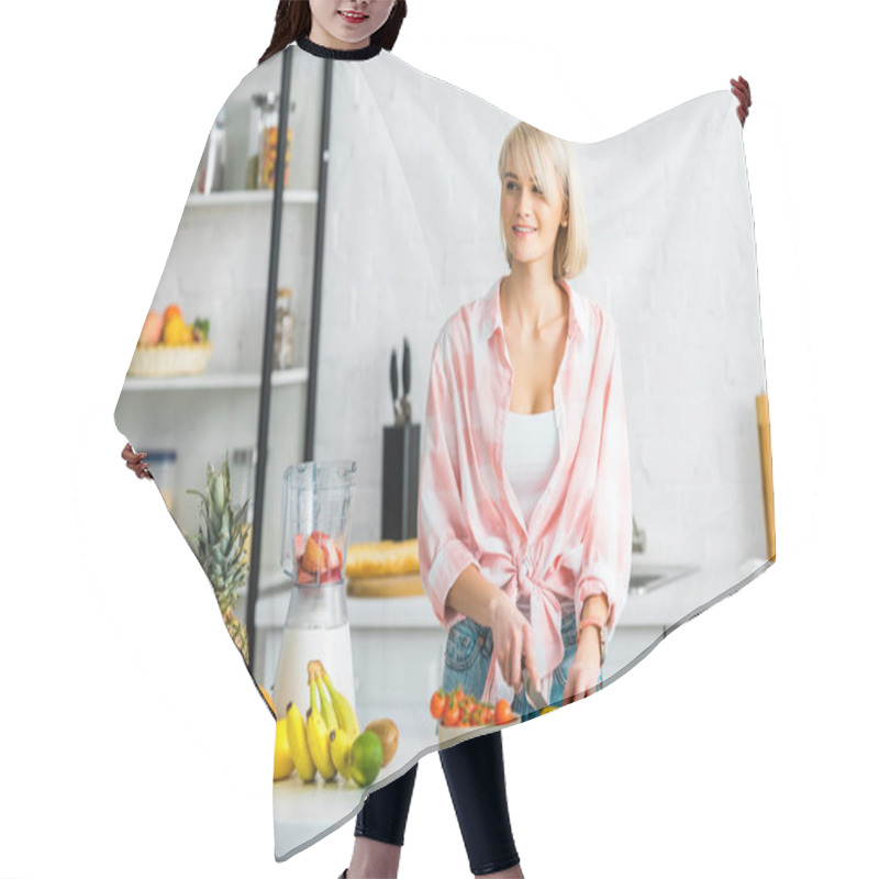 Personality  Young Woman Cutting Kiwi Fruit Near Ingredients In Kitchen Hair Cutting Cape