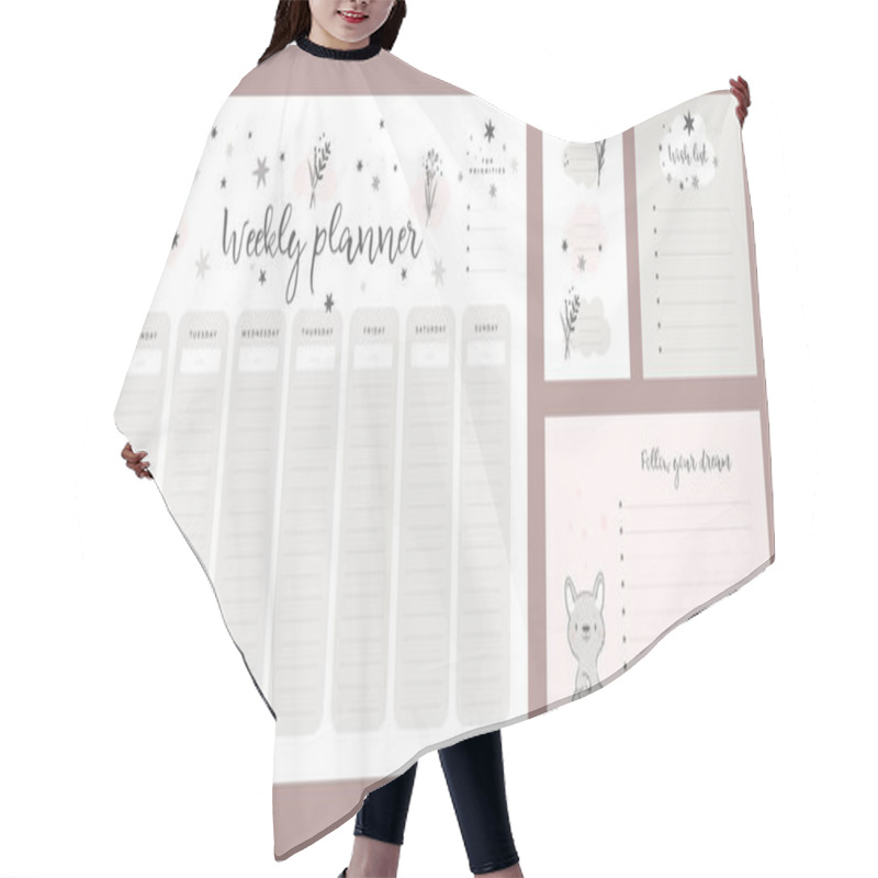 Personality  Wish List Template, Sticker Book, Weekly Planner Page With Little Fox In Cartoon Style. Set Of Stationery Digital Prints. Back To School Design. Flat Lay, Organizer Mock Up. Pastel Colors Hair Cutting Cape