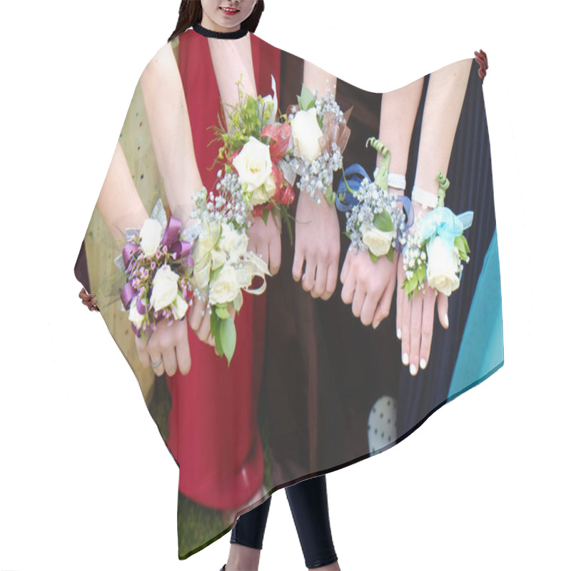 Personality  Girls Holding Arms Out With Corsage Flowers For Prom Hair Cutting Cape