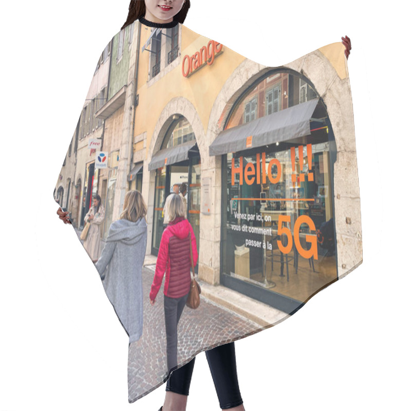 Personality  Annecy, France - October 15 2021 : People Walking On The Street Of A French Town Pass By A Telecommunications Store Selling Fast 5g Mobile Connections Hair Cutting Cape