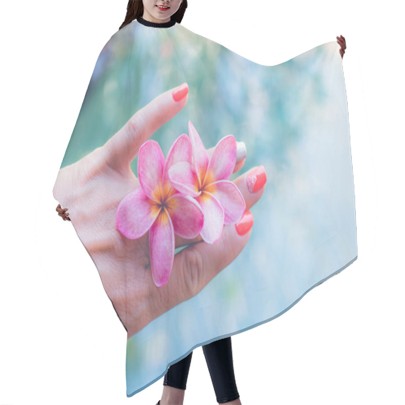 Personality  Plumeria Frangipani Flower In Woman Hand On A Swimming Poolbackground Hair Cutting Cape