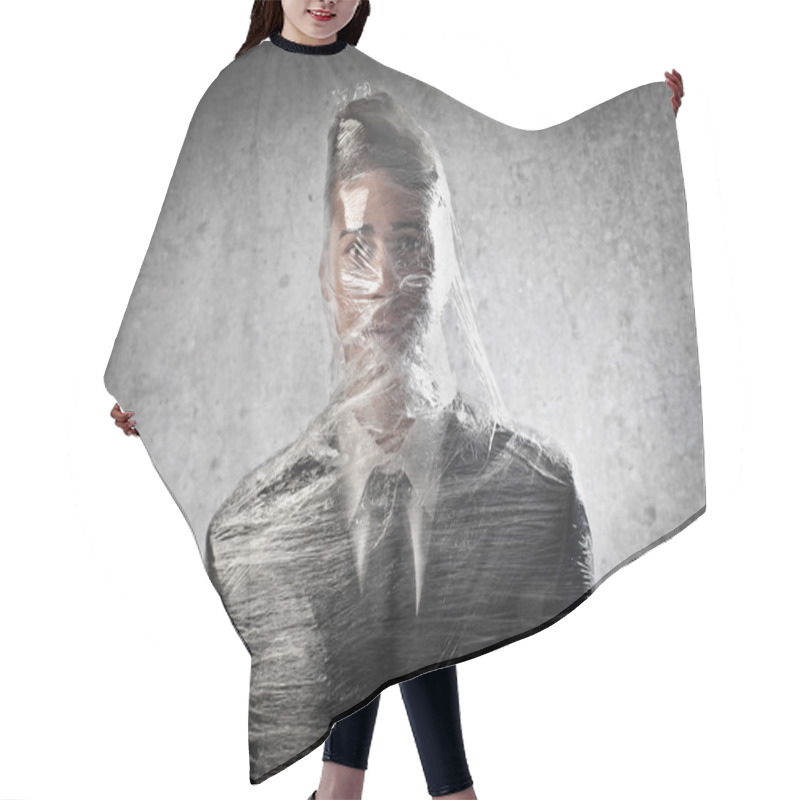 Personality  Businessman Trapped In Plastic Hair Cutting Cape