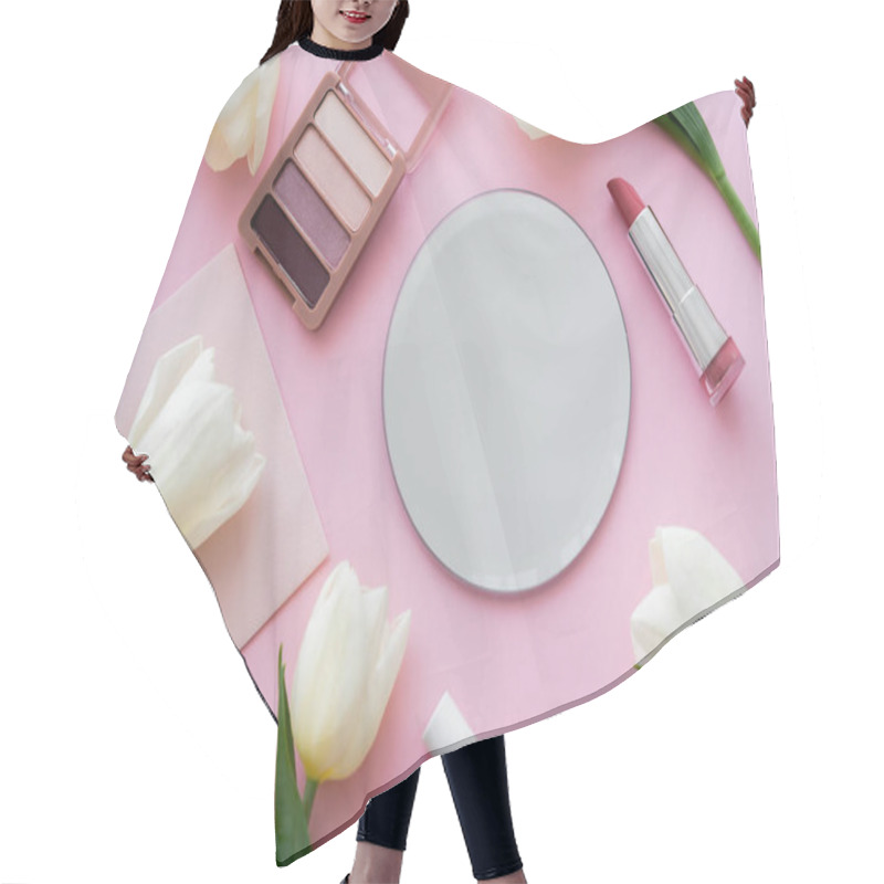 Personality  Top View Of White Tulips On Envelope Near Decorative Cosmetics On Pink Hair Cutting Cape