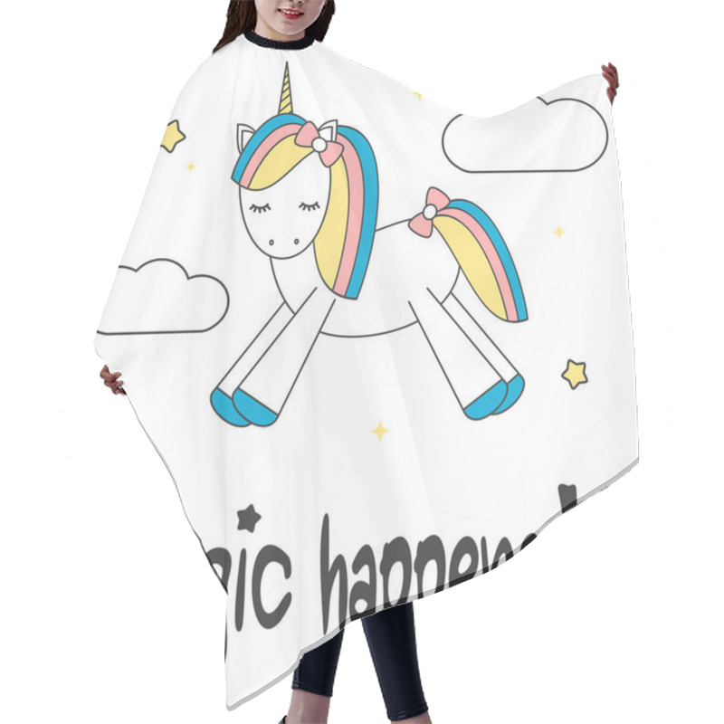 Personality  Hand Drawn Lettering Slogan Magic Happens Motivational Card With Cute Cartoon Colorful Unicorn In The Sky Hair Cutting Cape