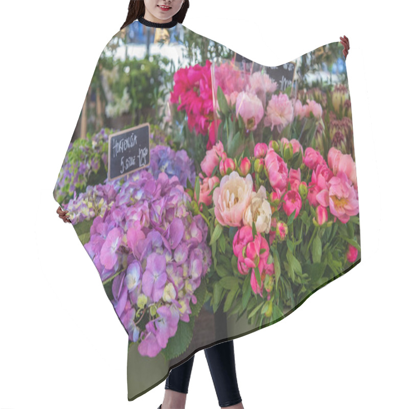 Personality  Close Up View Of Chalk Board With Lettering, Hortensia And Peonies In Buckets On Market Place Hair Cutting Cape