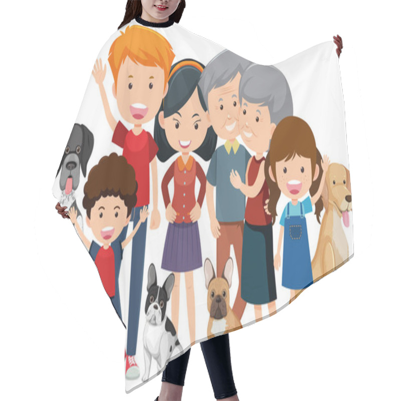 Personality  Family Members With Their Pet Dog On White Background Illustration Hair Cutting Cape