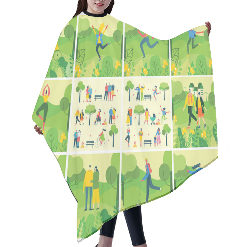 Personality  Vector Illustration Of People In Nature Posters Set Hair Cutting Cape