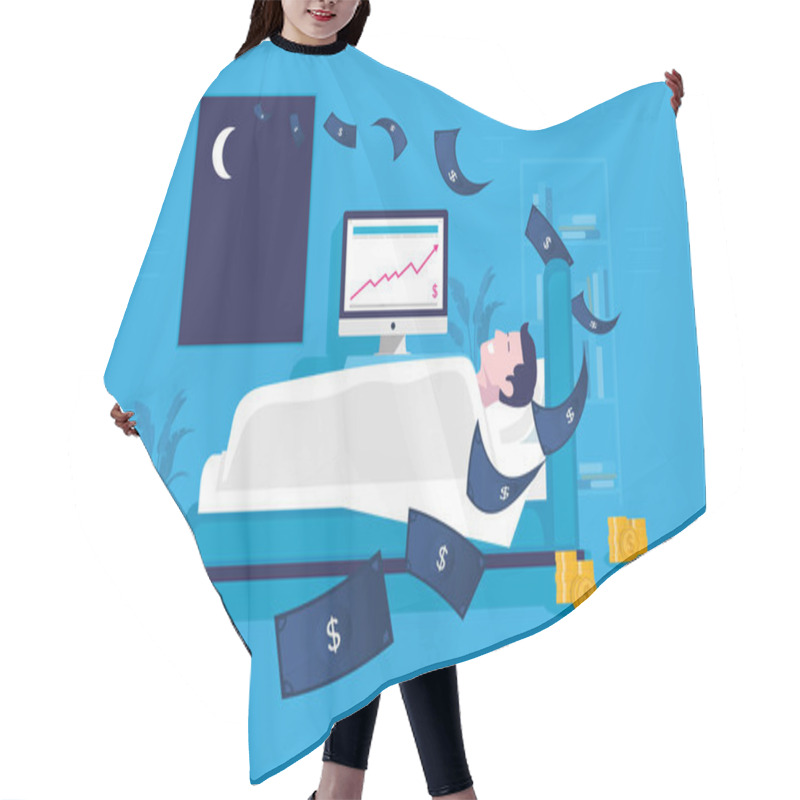 Personality  Earn Money While Sleeping. Man In Bedroom Sleeping In Bed, Money Flying In Window, Computer Screen Shows Graph With Growing Income. Passive Income Concept. Vector Illustration. Hair Cutting Cape