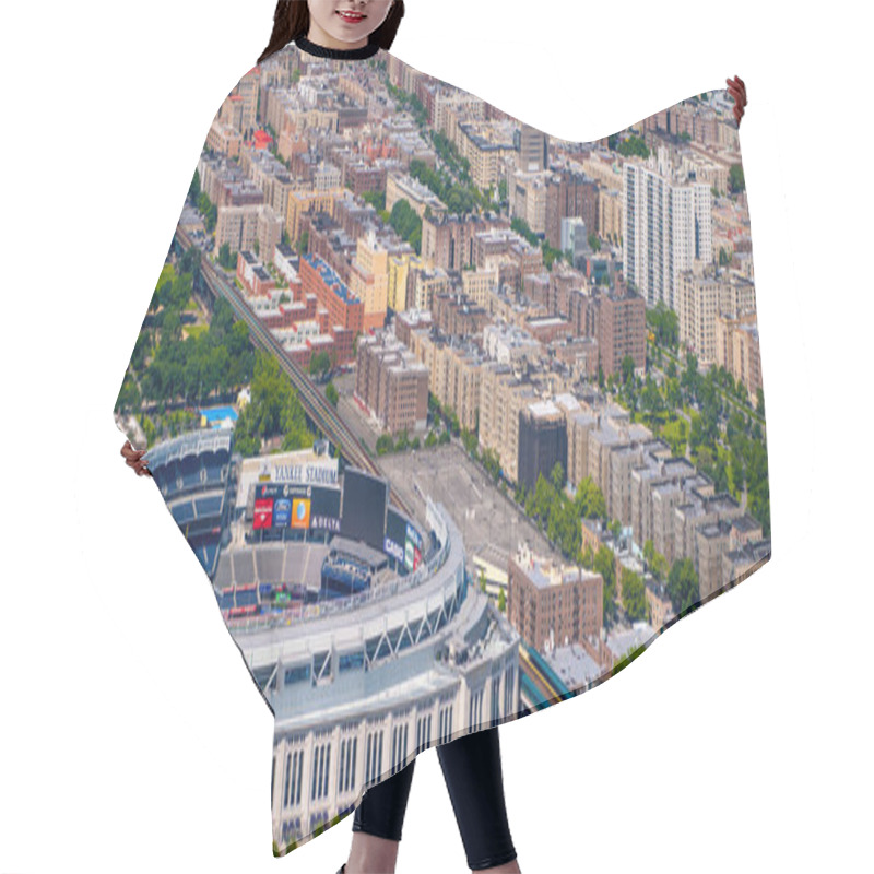 Personality  NEW YORK CITY - JUNE 2013: Yankee Stadium Aerial View With City Buildings. Hair Cutting Cape