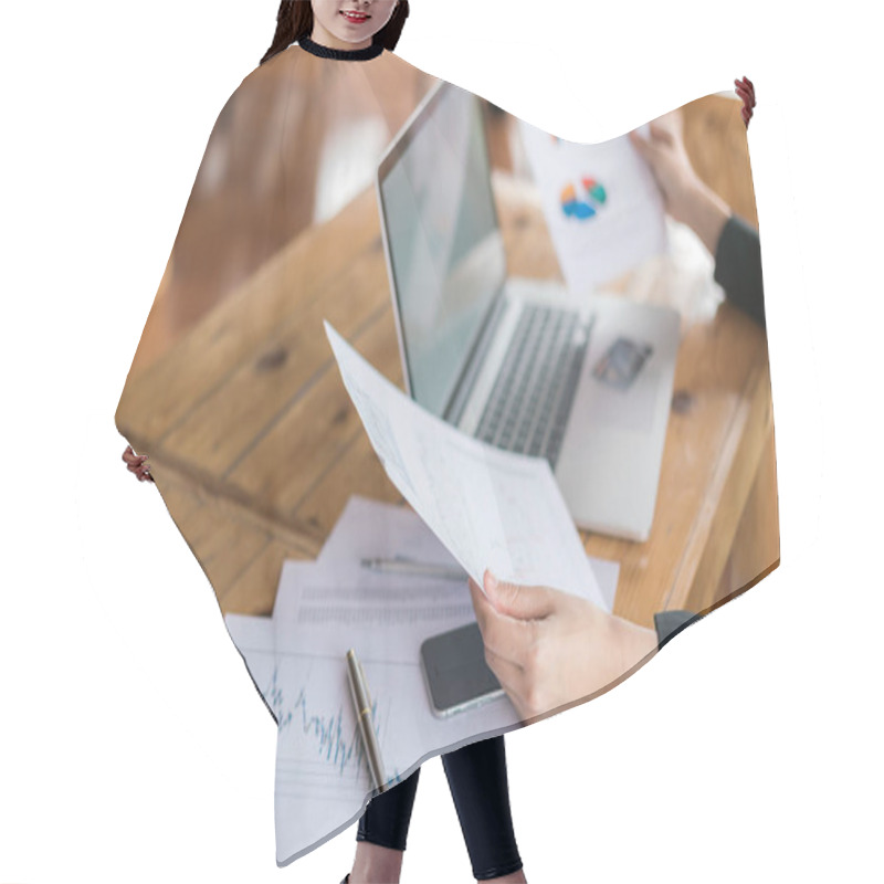 Personality  Business Woman Hand With Financial Charts And Laptop  Hair Cutting Cape