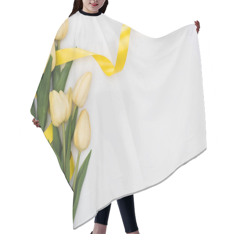 Personality  Top View Of Tulips And Yellow Ribbon Isolated On White Hair Cutting Cape