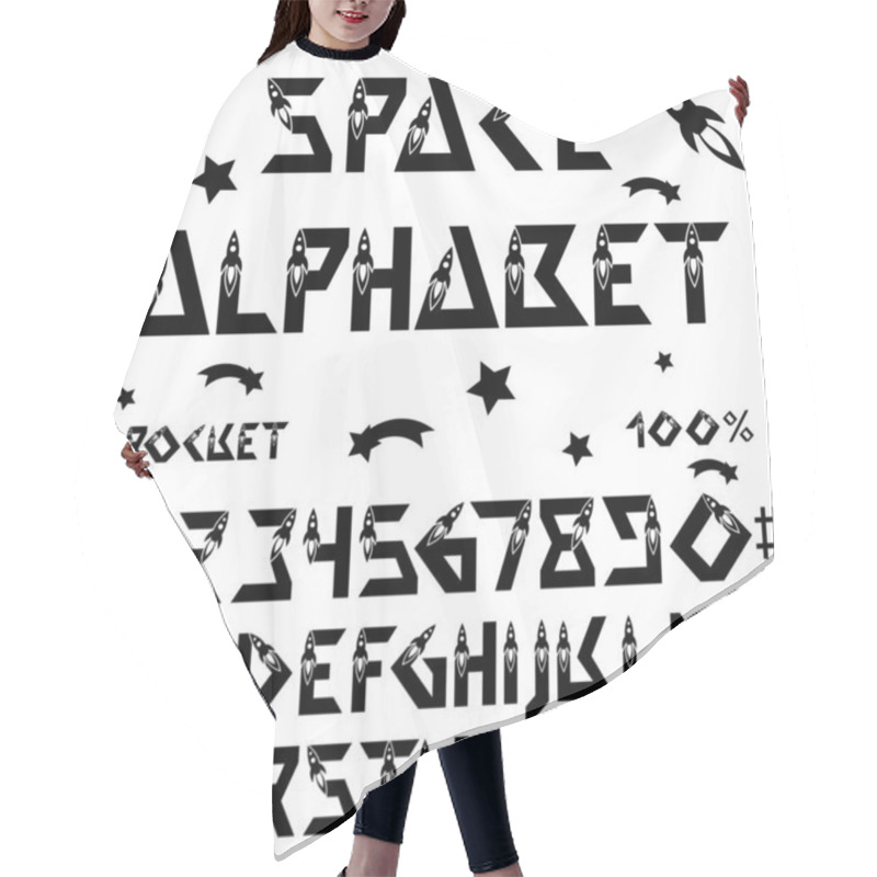 Personality  Space Alphabet Font. Technology, Space Flights, Science. Geometric English Letters And Numbers Hair Cutting Cape