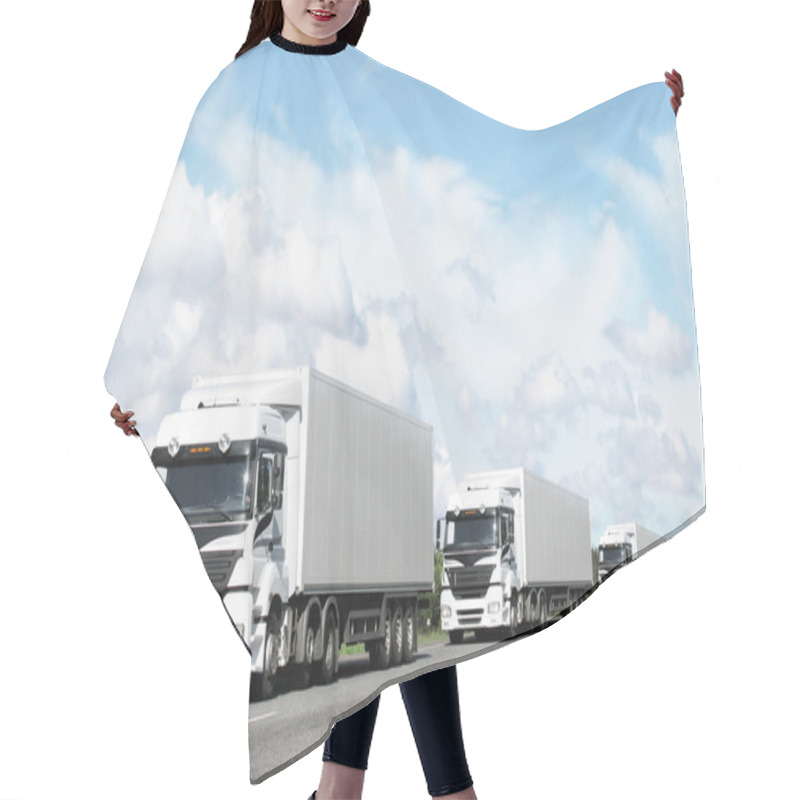 Personality  Caravan Of White Trucks On Highway Hair Cutting Cape