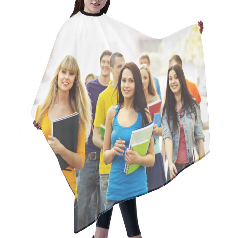 Personality  Group Student With Notebook Outdoor. Hair Cutting Cape