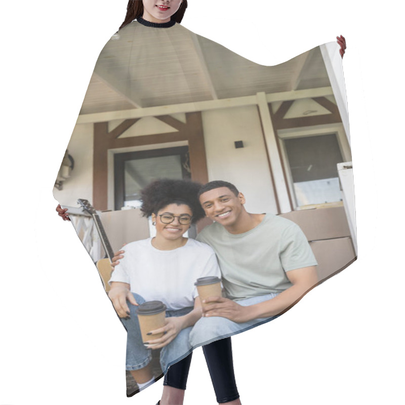 Personality  Smiling African American Couple With Coffee To Go Looking At Camera On Porch Of New House Hair Cutting Cape