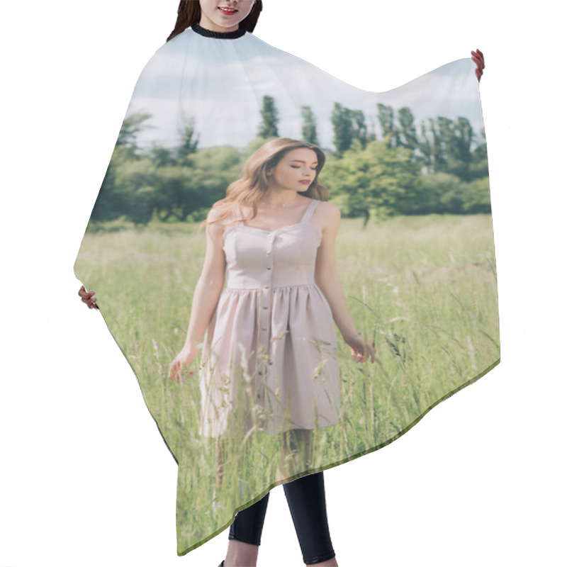 Personality  Young Pensive Woman In Stylish Dress With Long Hair Walking In Meadow Alone Hair Cutting Cape