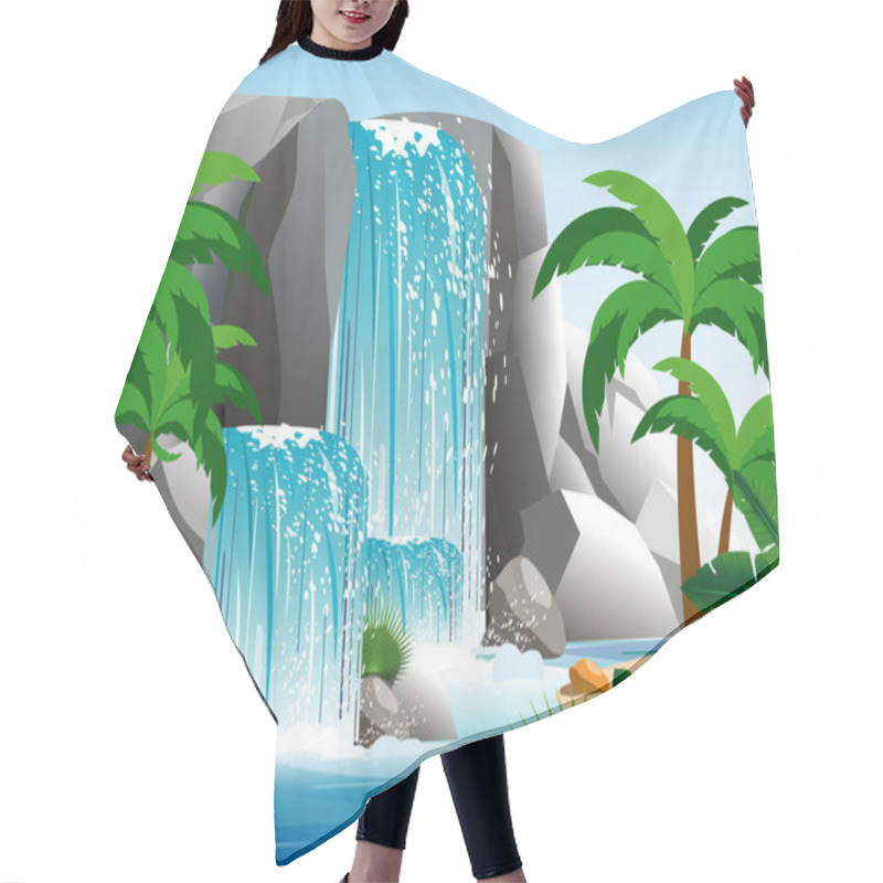 Personality  Vector Illustration Of Beautiful Waterfall In Tropical Jungle Landscape With Trees, Rocks And Sky. Green Palm Wood With Wild Nature And Bush Foliage In Flat Style. Hair Cutting Cape