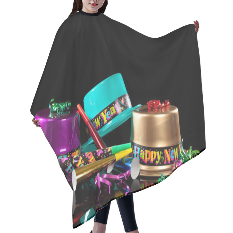 Personality  New Years Eve Hat And Noisemakers On Black Hair Cutting Cape