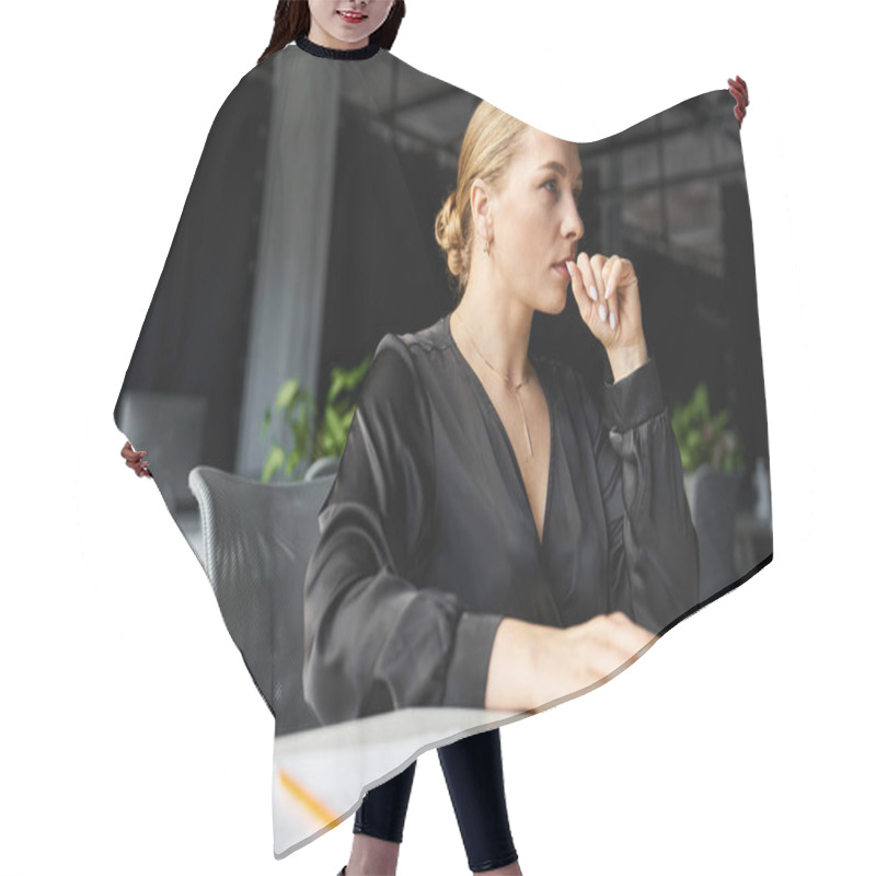 Personality  A Young Beautiful Plus Size Woman Is Focused On Her Tasks At A Stylish Office Desk. Hair Cutting Cape