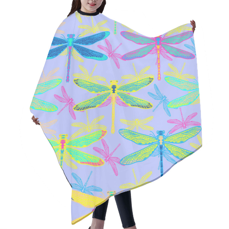 Personality  Hand Drawn Stylized Dragonflies Seamless Pattern For Girls, Boys, Clothes. Creative Background With Insect. Funny Wallpaper For Textile And Fabric. Fashion Style. Colorful Bright Hair Cutting Cape