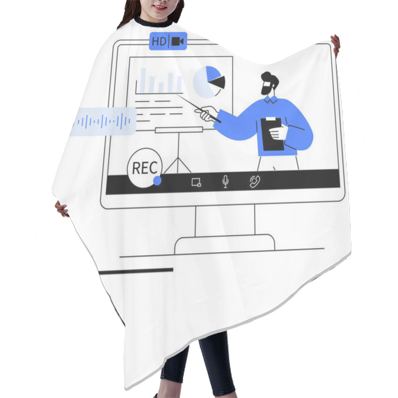 Personality  Person Presenting Data Charts On A Computer Screen With Recording, HD Video, And Audio Icons. Ideal For Webinars, Analytics, E-learning, Virtual Meetings, Online Collaboration, Training Abstract Hair Cutting Cape